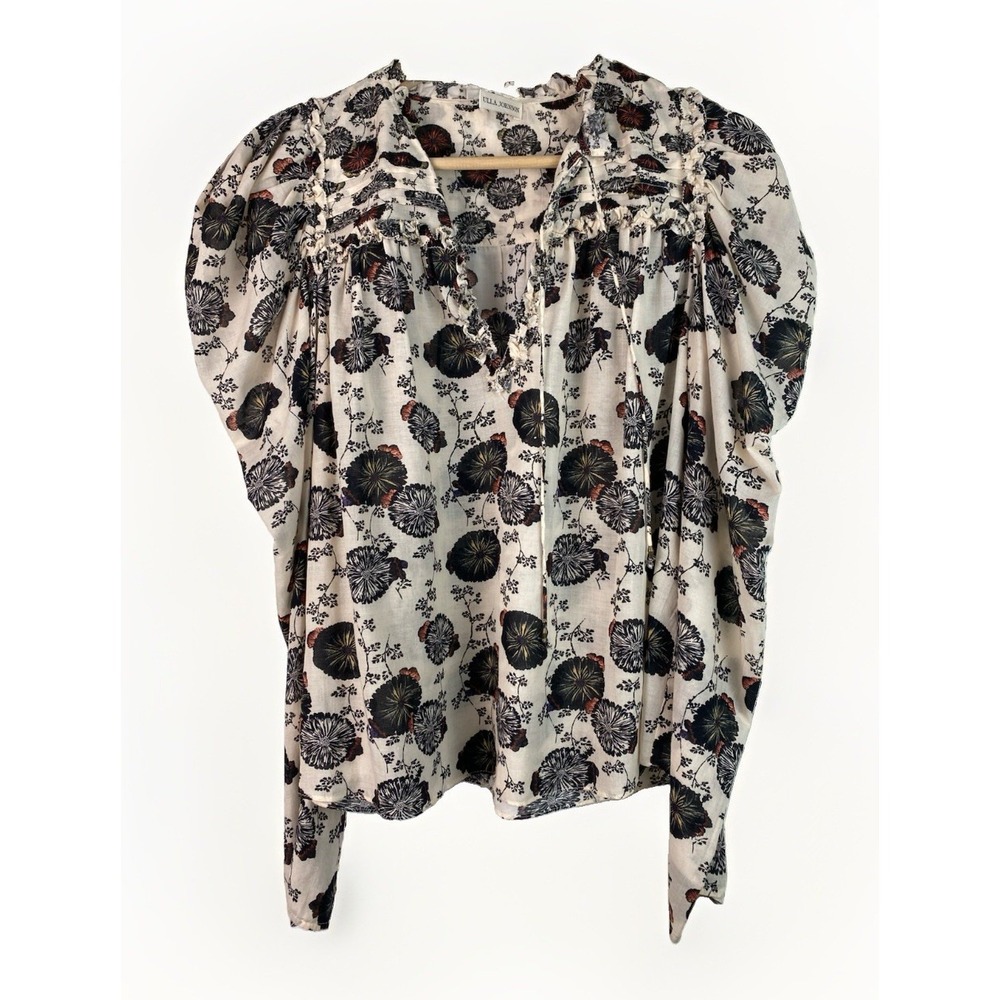 Ulla Johnson Women's 6 Ivory Floral Juliette Sleeve Ruffle Tie Neck Blouse